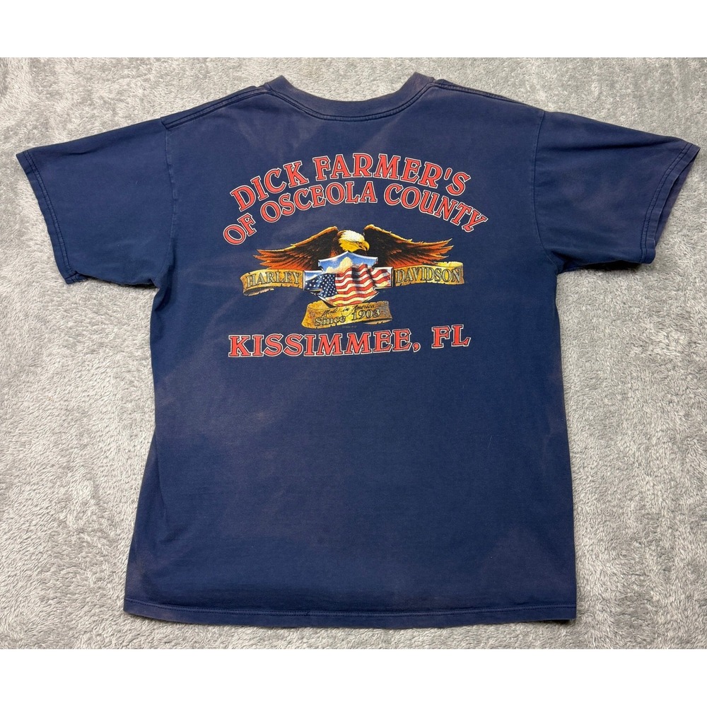 Vintage Harley Davidson T Shirt XL Blue Dick Farmers Kissimmee FL Sun Faded 90s